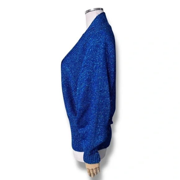 LILLIE RUBIN Metallic Blue Deep V Neck Sweater Dolman Sleeves VINTAGE